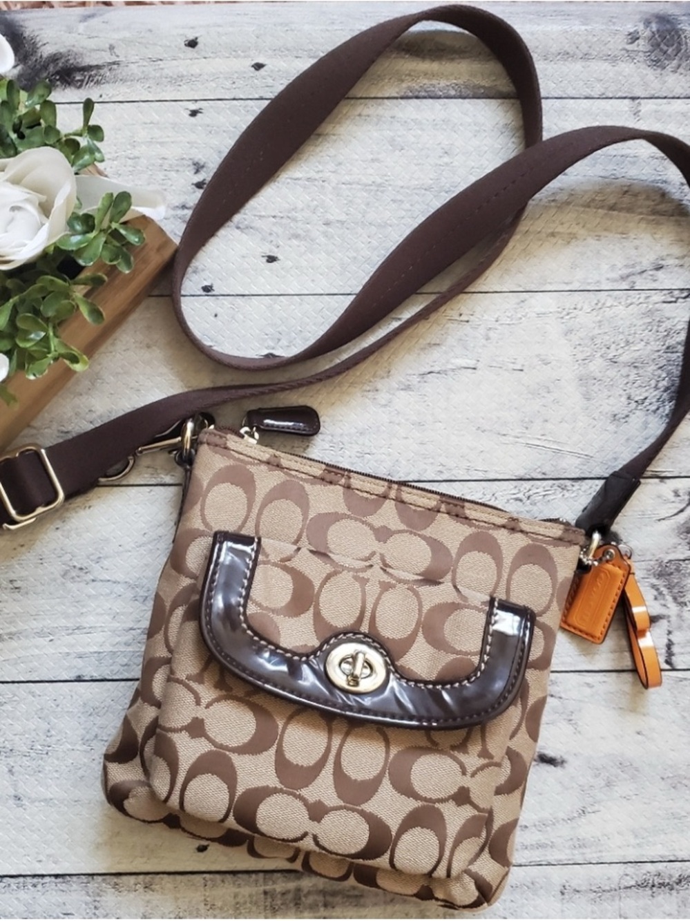 Coach Brown Signature Canvas Crossbody with Turn-Lock Pocket